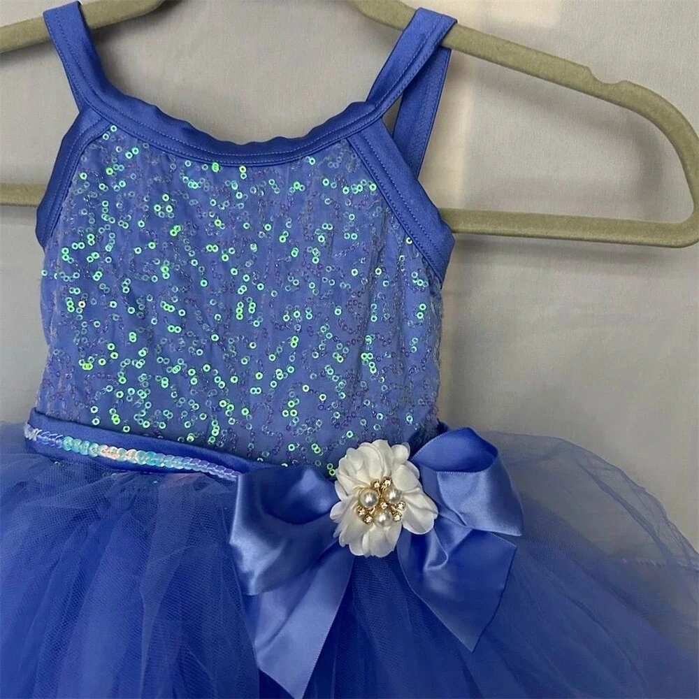 Weissman Dance Costume Kids XSC Blue Sequin Tutu Recital Dress with Hair Piece